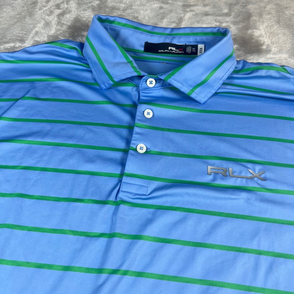 RLX‎ Ralph Lauren Men's XXL Polo Shirt Blue Green Striped Performance Golf Logo